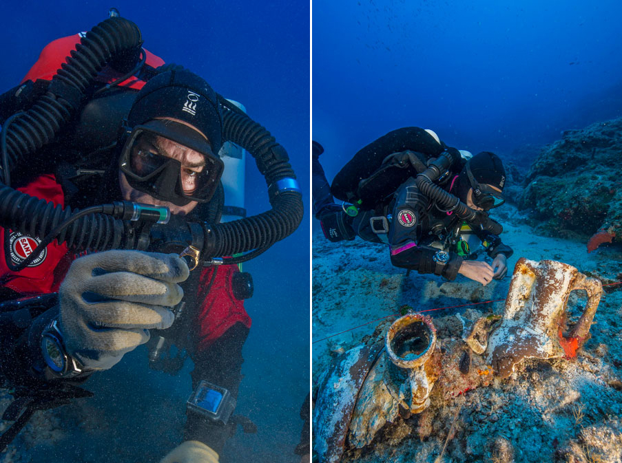 [Left] Brendan Foley recovers a gold ring from the Antikythera Shipwreck. [Right] Professional technical diver Gemma Smith studies artifacts on the Antikythera Shipwreck. (Photos by Brett Seymour, EUA/WHOI/ARGO) 